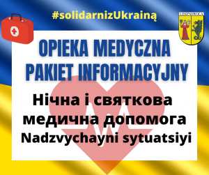 Niebieski napis "OPIEKA MEDYCZNA PAKIET INFORMACYJNY", czarne tłumaczenie oraz serce na białym tle.