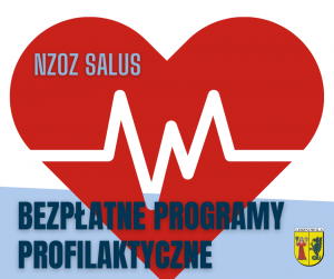 Granatowy napis " BEZPŁATNE PROGRAMY PROFILAKTYCZNE" i Herb Gminy Lesznowola na niebieskim tle. W centralnym miejscu obrazka znajduje się czerwone serce na białym tle.