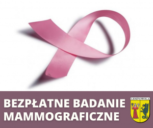 Biały napis "BEZPŁATNE BADANIE MAMMOGRAFICZNE" i Herb Gminy Lesznowola na szarym tle. Wstążka na białym tle.