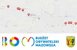 Logo BOM na białym tle. Niebieski napis Budżet Obywatelski Mazowsza i Herb Gminy Lesznowola na białym tle. Mapa z zaznaczonymi przejściami dla pieszych.