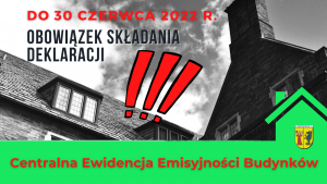 Czerwony napis "Centralna Ewidencja Emisyjności Budynków" i Herb Gminy Lesznowola na zielonym tle. Trzy czerwone wykrzykniki na tle budynków.