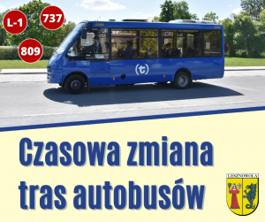 Granatowy napis "Czasowa zmiana tras autobusów" i Herb Gminy Lesznowola na żółtym tle. Na zdjęciu autobus podjeżdzający na przystanek.