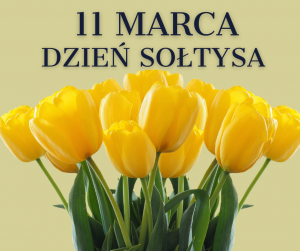 Granatowy napis "11 MARCA DZIEŃ SOŁTYSA". Żółte tulipany w centralnej części obrazka.