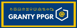 Logo Granty PPGR. Biały napis "Granty PPGR" na granatowym tle i logo w kształcie granic Polski.