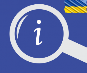 Lupa i literka "i" na niebieskim tle. W prawym górnym rogu flaga Ukrainy.