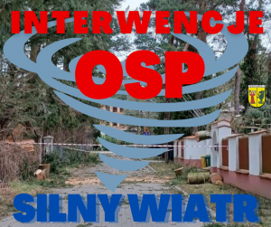 Czerwony napis "Interwencje OSP". Wir w środkowej części obrazka. Granatowy napis "Silny wiatr".