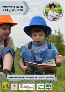 Plakat - jak rozmawiać z dziećmi i młodzieżą. Dwójka dzieci w centralnej części komunikatu.
