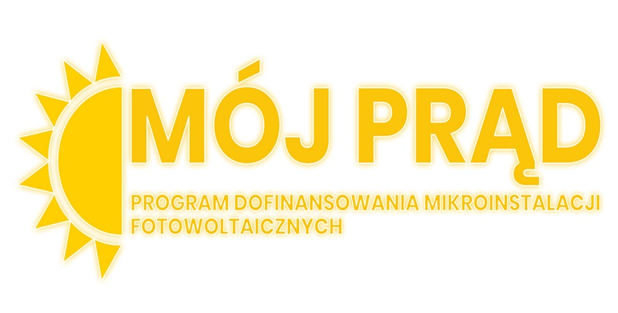Żółty napis "MÓJ PRĄD" oraz "PROGRAM DOFINANSOWANIA MIKROINSTALACJI FOTOWOLTAICZNYCH" na białym tle.