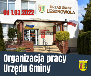 Biały napis "Organizacja pracy Urzędu Gminy" i Herb Gminy Lesznowola na śliwkowym tle. Data w kolorze czerwonym na zdjęciu budynku urzędu.