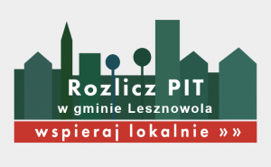 Biały napis "Rozlicz PIT w gminie Lesznowola" w tle domki i drzewa. Biały napis "wspieraj lokalnie >> >>" na czerwonym tle.