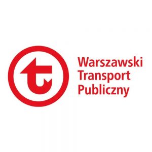 Czerwony napis "Warszawski Transport Publiczny" na białym tle. Czerwona litera "t" w czerwonym kółku na białym tle.
