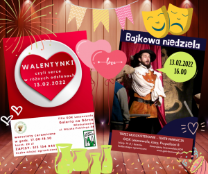 Grafika - weekendowe warsztaty z GOK, która przedstawia dwa plakaty i wiele obrazków