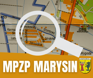 Biały napis "MPZP MARYSIN" i Herb Gminy Lesznowola na pomarańczowym tle. Lupa na fragmencie mapy gminy.