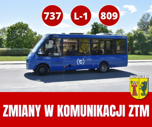Biały napis "ZMIANY W KOMUNIKACJI ZTM" na czerwonym tle. Niebieski autobus na środku obrazka.
