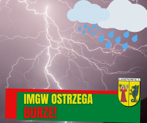 Pioruny w centralne części obrazka. Żółty napis "IMGW OSTRZEGA" i czerwony "BURZE!" na zielonym tle.