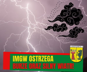 Żółty napis "IMGW OSTRZEGA" i czerwony napis " BURZE ORAZ SILNY WIATR!" na zielonym tle. W tle pioruny i czarne chmury.