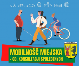 Żółty napis "Mobilność miejska – cd. konsultacji społecznych" na zielonym tle. Trzy postacie w centralnej części obrazka.