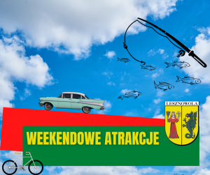 W tle obrazek nieba z chmurami. Czarna wędka i sześć ryb. Na obrazku znajduje się jeszcze zabytkowy samochód i rower.