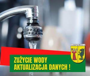 Krana z którego leci woda. Żółty napis Zużycie wody aktualizacja danych! na zielonym tle. Po prawej stronie herb gminy.