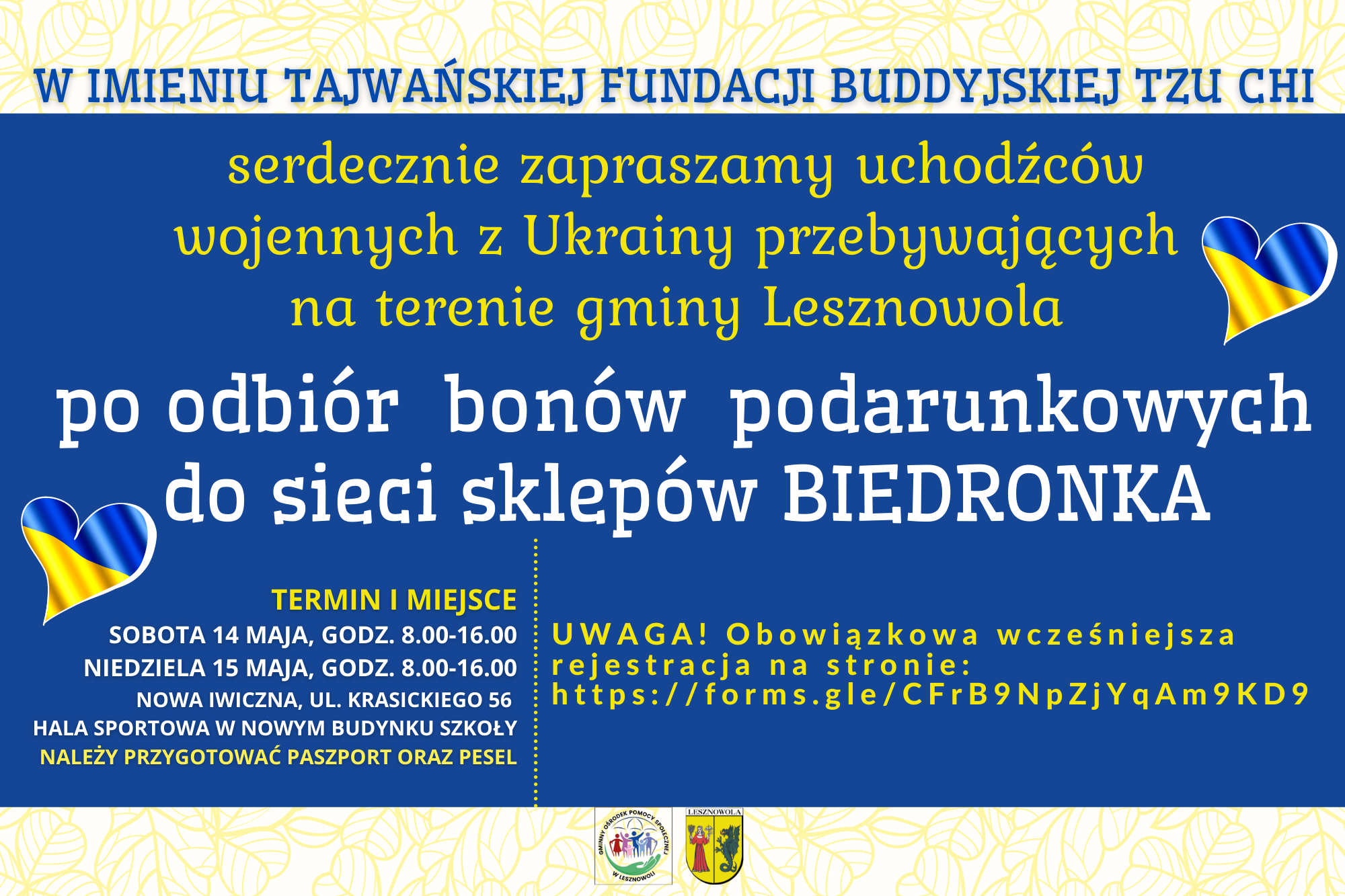 Na niebieskim tle napis w języku polskim Serdecznie zapraszamy uchodźców wojennych z Ukrainy przebywających na terenie gminy Lesznowola po odbiór bonów podarunkowych do sieci sklepów BIEDRONKA