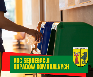 grafika koszy na śmieci oraz napis na zielonym pasku ABC SEGREGACJI ODPADÓW KOMUNALNYCH