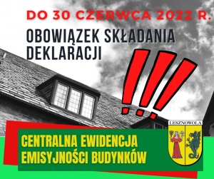 Czerwony napis "Centralna Ewidencja Emisyjności Budynków" i Herb Gminy Lesznowola na zielonym tle. Trzy czerwone wykrzykniki na tle budynków.