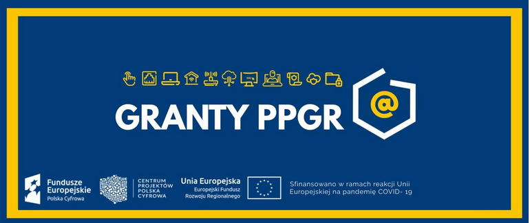 Biały napis "GRANTY PPGR" na granatowym tle. Znak w kształcie granic Polski ze znakiem "@" w środku.