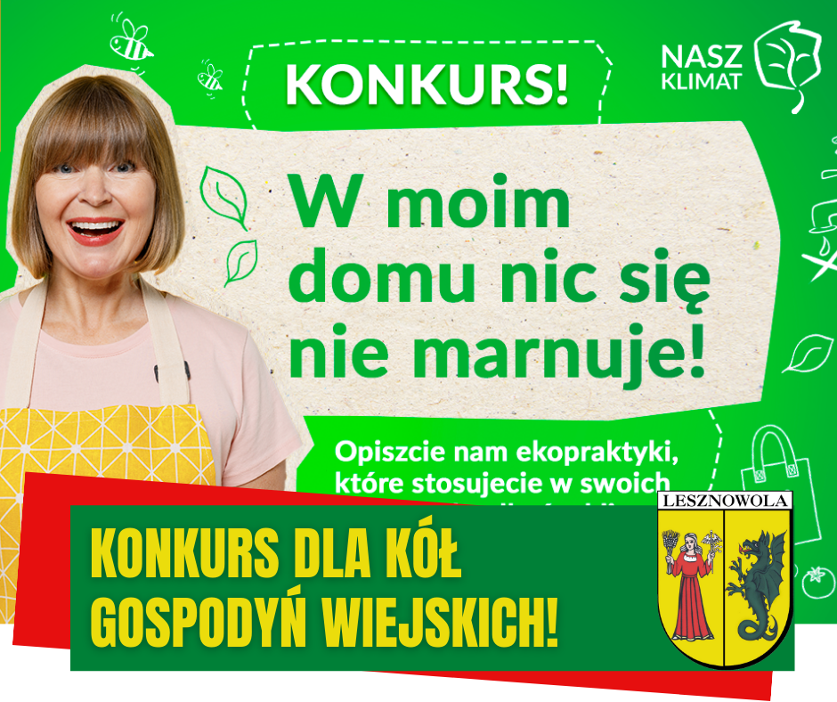 Żółty napis "Konkurs dla Kół Gospodyń Wiejskich!" na zielonym tle. Na obrazku znajduje się kobieta z otwartą buzią (prawdopodobnie ze zdziwienia).