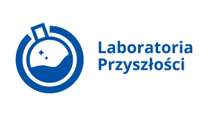 Niebieski napis "Laboratoria Przyszłości" na szarym tle. Obrazek okrągłej karawki z cieczą.