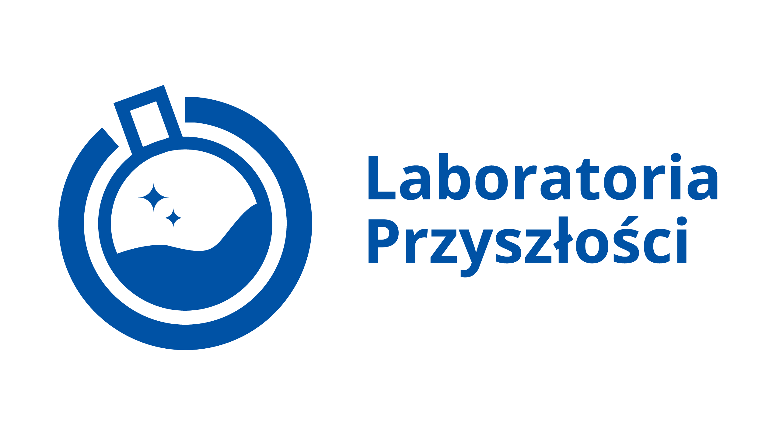 Niebieski napis "Laboratoria Przyszłości" na szarym tle. Obrazek okrągłej karawki z cieczą.