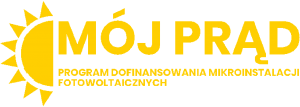 Z lewej strony znajduje się obrazek pół słońca. Żółty napis "MÓJ PRĄD" na białym tle.