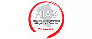 Szary zarys województwa mazowieckiego w czerwonym kole. Czarny napis "Mazowiecki Instrument Aktywizacji Sołectw".