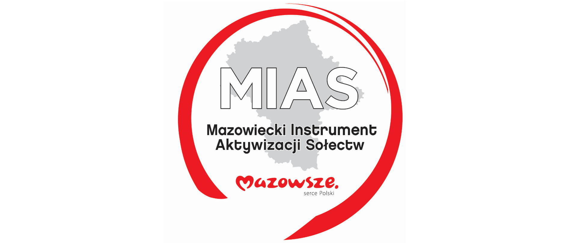 Szary zarys województwa mazowieckiego w czerwonym kole. Czarny napis "Mazowiecki Instrument Aktywizacji Sołectw".