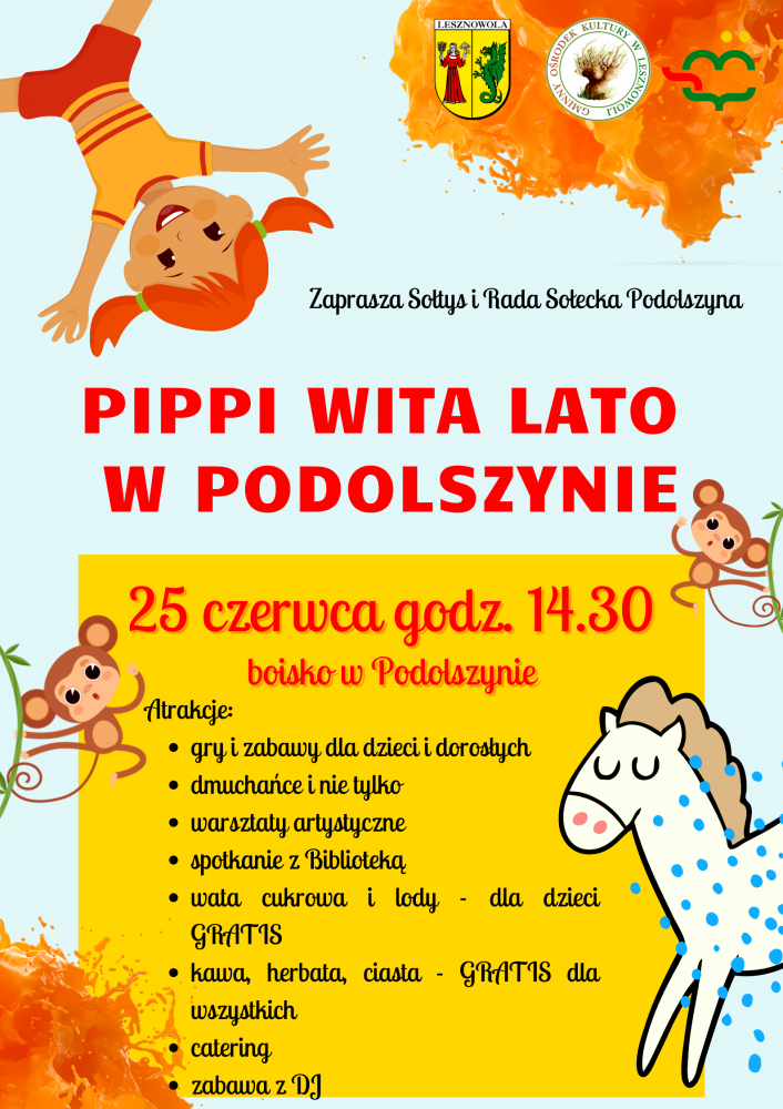 Czerwony napis PIPPIWITA LATO W PODOLSZYNIE na niebieskim tle. Na plakacie znajdują się obrazki dziewczynki, konia i dwóch małpek.