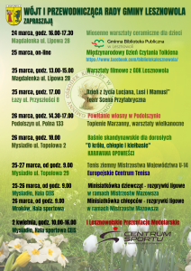 Plakat, na zielonym tle napisy - zapowiedzi wydarzeń odbywających się w weekend 25-26 marca, na dole kwiaty wiosenne.