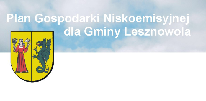 Biały napis " Plan Gospodarki Niskoemisyjnej dla Gminy Lesznowola" na tle chmur. Herb Gminy Lesznowola z lewej strony.