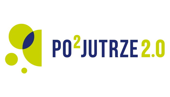 Granatowy napis "PO JUTRZE" na białym tle.