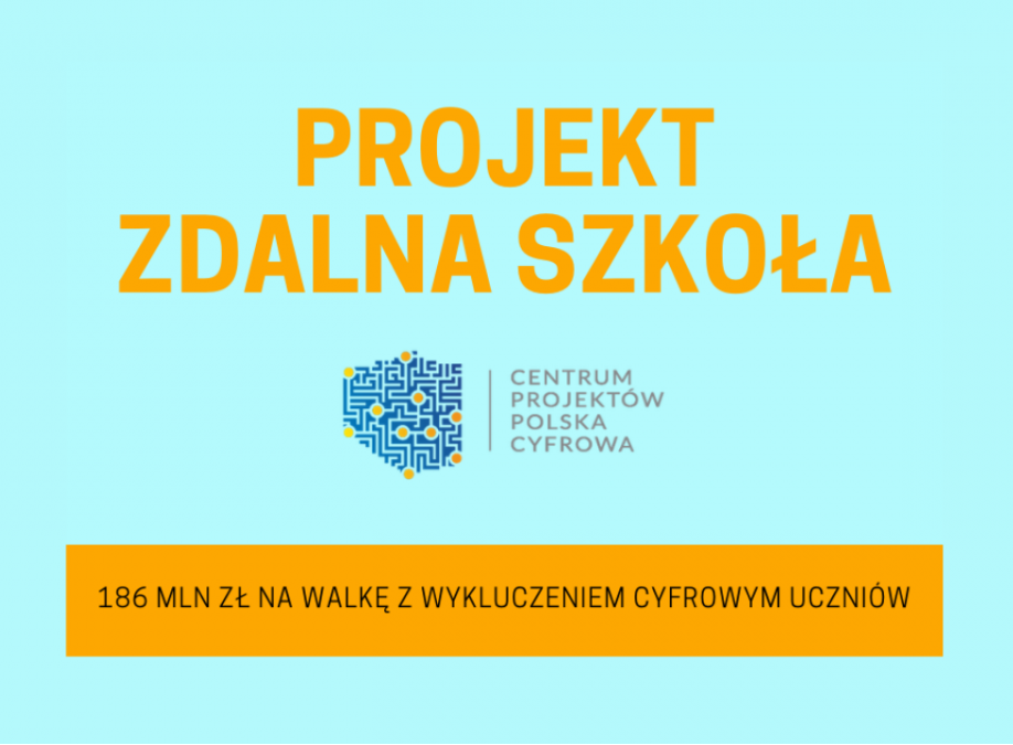 Pomarańczowy napis "PROJEKT ZDALNA SZKOŁA" na błękitnym tle.
