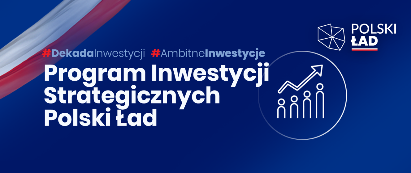 Biały napis "Program inwestycji Strategicznych Polski Ład" na granatowym tle. W prawym górnym rogu logo Polskiego Ładu.