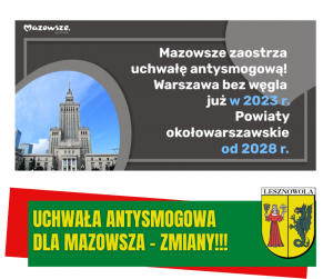 Żółty napis "UCHWAŁA ANTYSMOGOWA DLA MAZOWSZA – ZMIANY!!!" na zielonym tle. Obrazek Pałacu Kultury i Nauki w Warszawie.