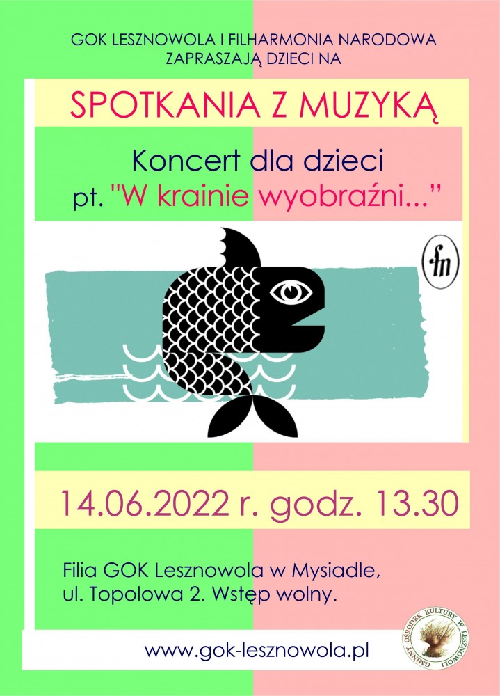 Na środku plakatu znajduje się obrazek czarnej ryby. Tło plakatu jest dwukolorowe.
