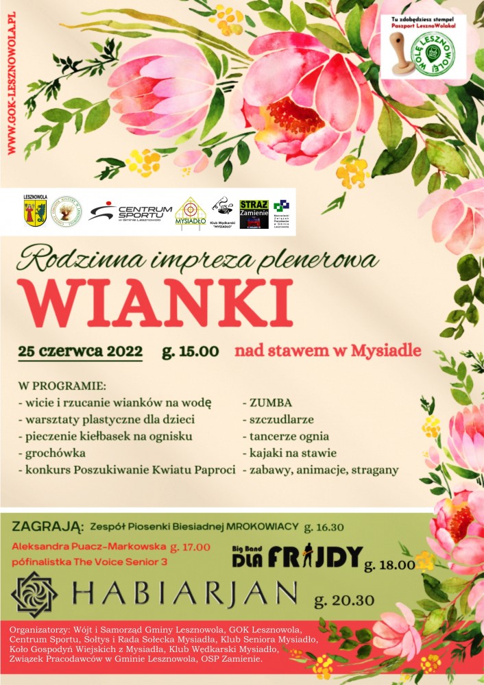 Na plakacie znajduje się wiele kwiatów, które tworza ramkę od góry i z prawej strony. Duży napis WIANKI na kremowym tle.