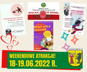 Żółty napis "Weekendowe atrakcje! 18-19.06.2022 r." na zielonym tle. Herb Gminy Lesznowola w dolnym prawym rogu. 4 plakaty z wydarzeniami.