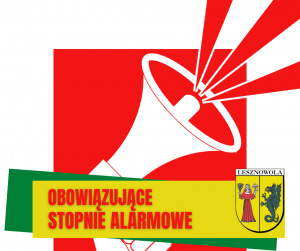 w centralnej części grafiki megafon, na dole na żółtym pasku napis OBOWIĄZUJĄCE STOPNIE ALARMOWE