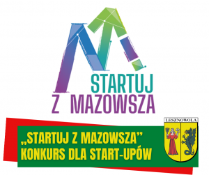 Żółty napis "„Startuj z Mazowsza” konkurs dla start-upów" na zielonym tle. Logo Projektu STARTUJ Z MAZOWSZA w głównej części obrazka.
