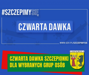 Żółty napis Czwarta dawka szczepionki dla wybranych grup osób na zielonym pasku. W tle biały napis Czwarta dawka.