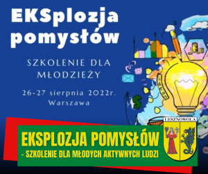 Żółty napis EKSplozja pomysłów – szkolenie dla młodych aktywnych ludzi na zielonym pasku. W tle żółta żarówka.