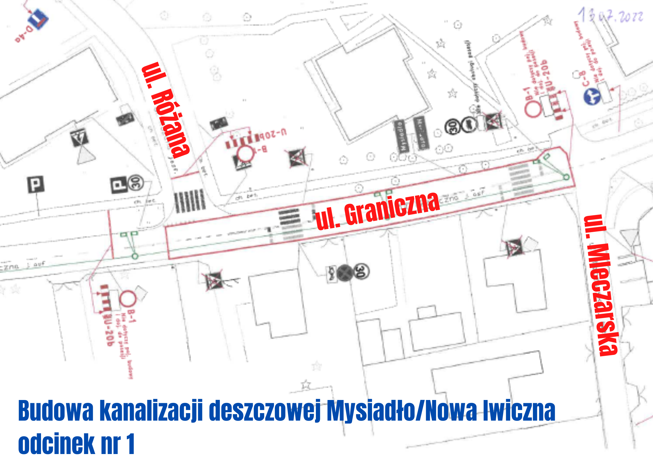 Szkic mapy drogowej na białym tle, z czerwonymi i niepieskimi napisami