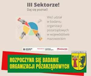 Żółty napis Rozpoczyna się badanie organizacji pozarządowych na zielonym pasku. W tle znajduje się diagram.