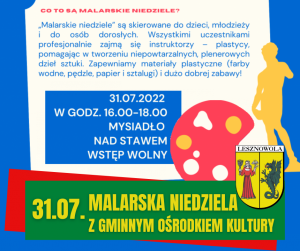 Żółty napis Malarska Niedziela z Gminnym Ośrodkiem Kultury na zielonym pasku. W tle figura i farby.